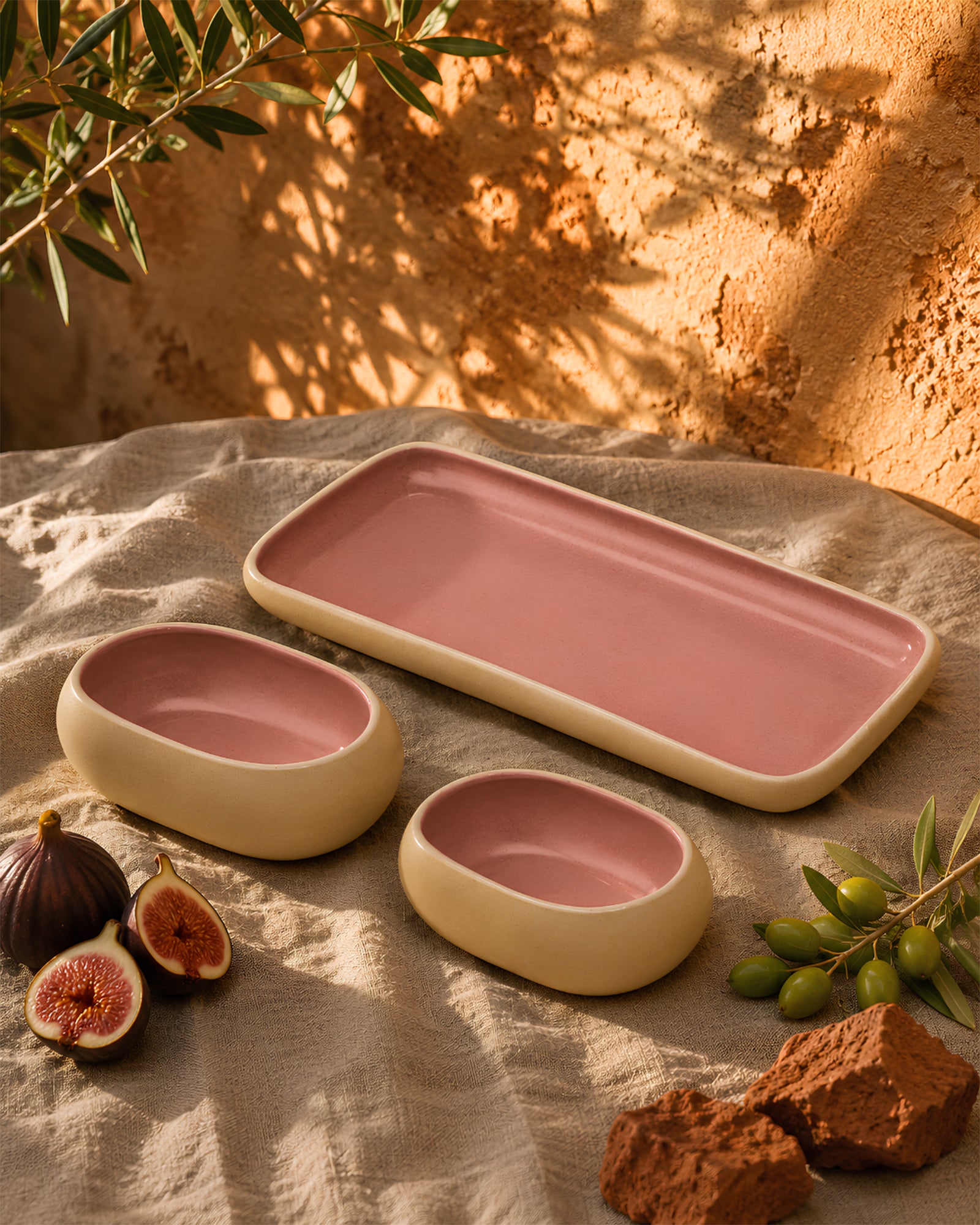 Earthen Soul Serve &amp; Share Set | Rectangle Platter with 2 Oval Bowls | Earth Porcelain