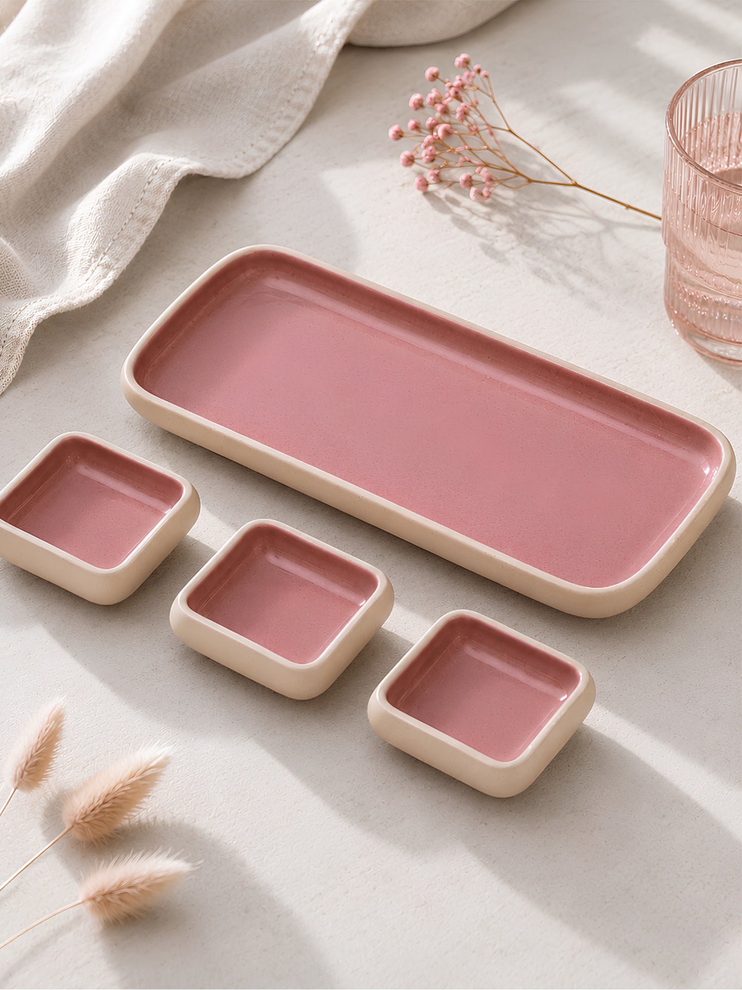Earthen Soul Dip &amp; Serve Set | Rectangle Platter with 3 Square Dip Bowls | Earth Porcelain