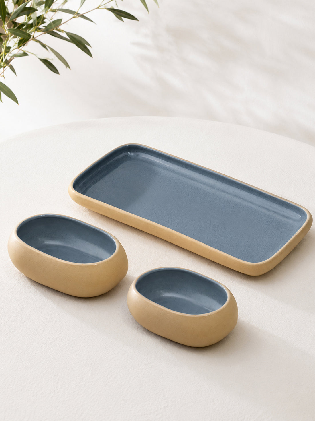 Earthen Soul Serve &amp; Share Set | Rectangle Platter with 2 Oval Bowls | Earth Porcelain