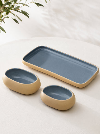 Earthen Soul Serve &amp; Share Set | Rectangle Platter with 2 Oval Bowls | Earth Porcelain