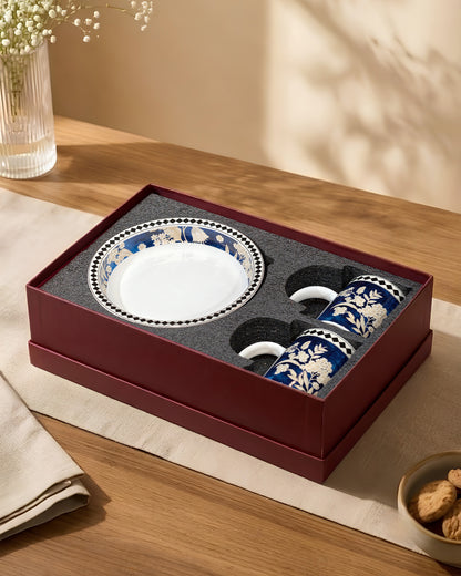 Midnight Fleur – Sip &amp; Savour Porcelain 3-Piece Set | 2 Mugs (300ml) &amp; 1 Deep Snack Plate