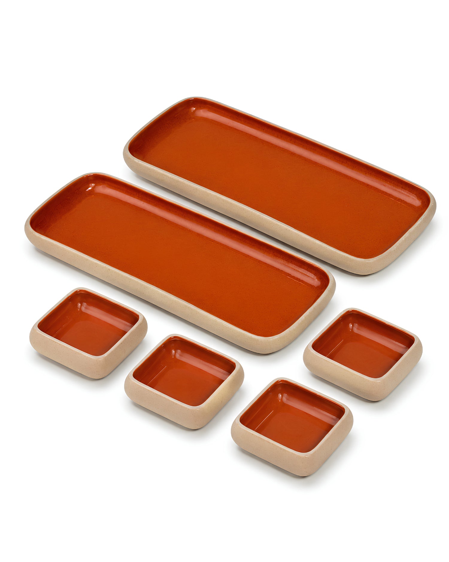 Earthen Soul Long Tray Set | 2 Rectangle Platters with 4 Square Dip Bowls | Earth Porcelain