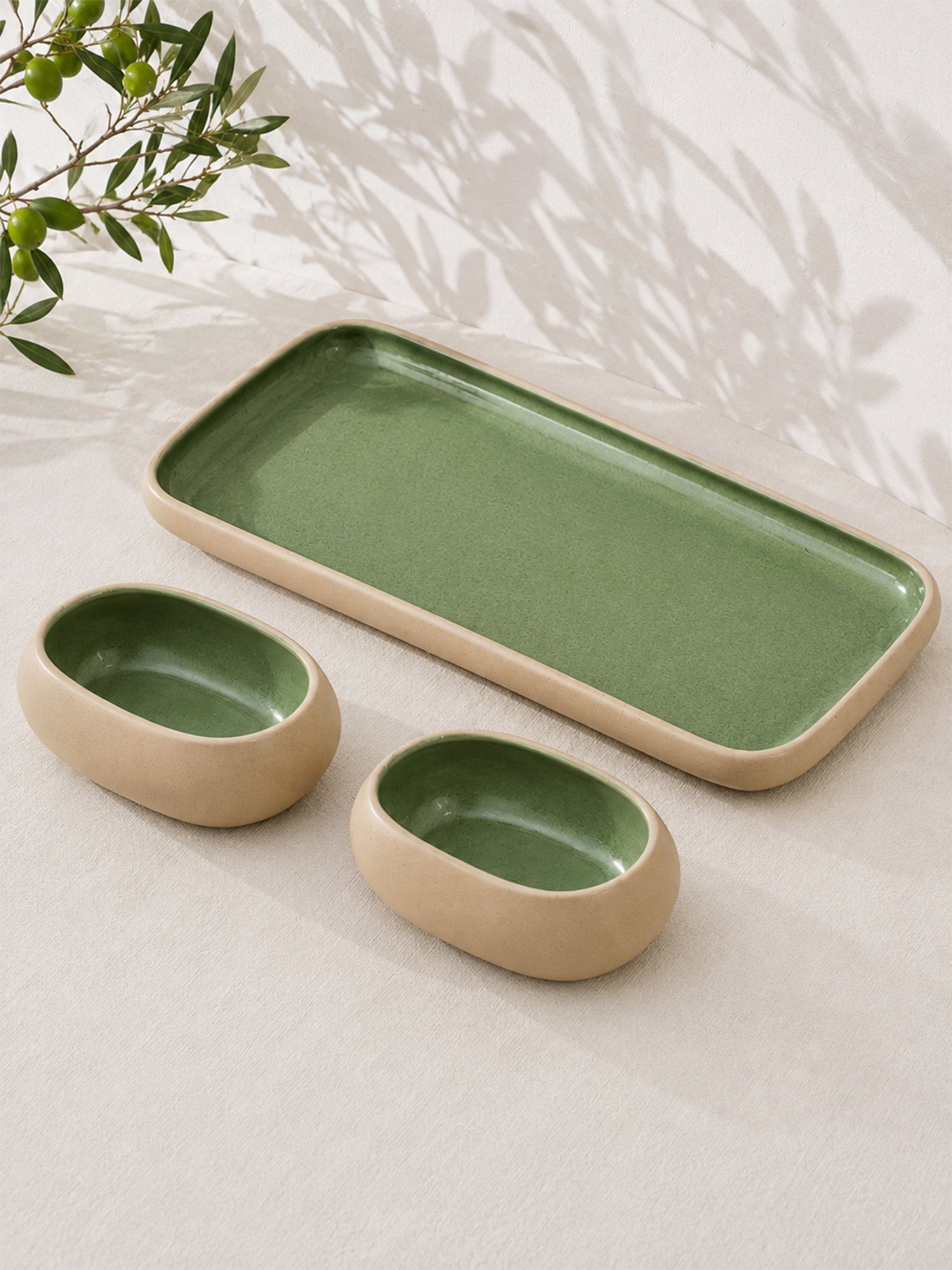 Earthen Soul Serve &amp; Share Set | Rectangle Platter with 2 Oval Bowls | Earth Porcelain