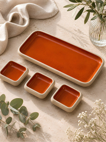 Earthen Soul Dip &amp; Serve Set | Rectangle Platter with 3 Square Dip Bowls | Earth Porcelain