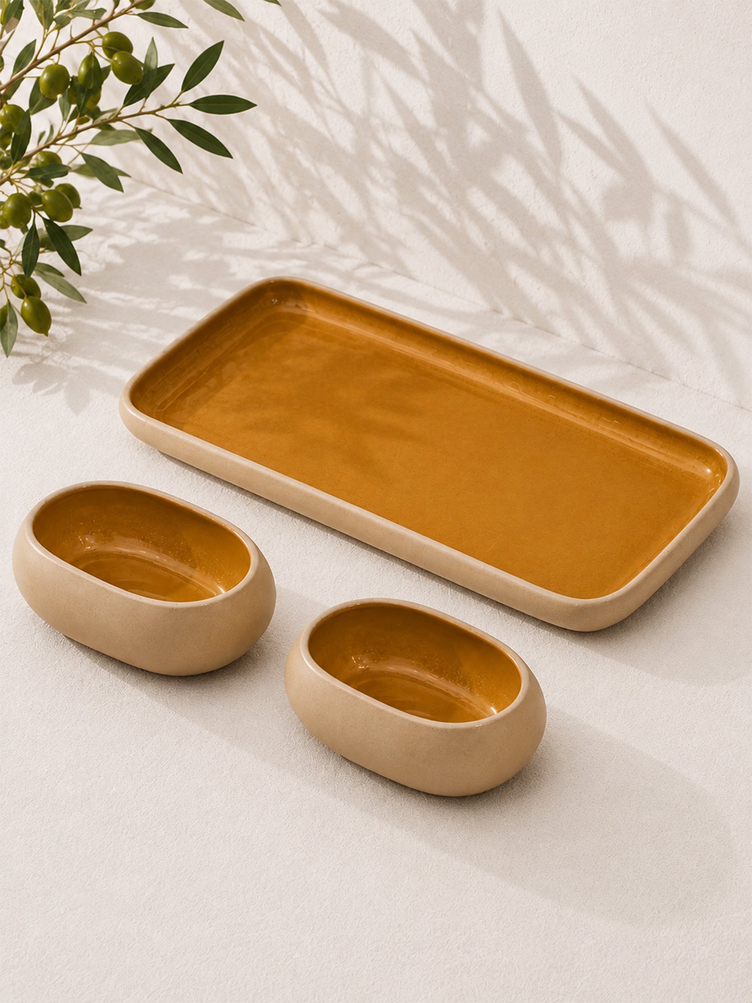 Earthen Soul Serve &amp; Share Set | Rectangle Platter with 2 Oval Bowls | Earth Porcelain