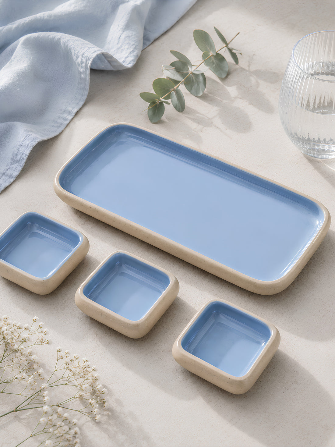 Earthen Soul Dip &amp; Serve Set | Rectangle Platter with 3 Square Dip Bowls | Earth Porcelain