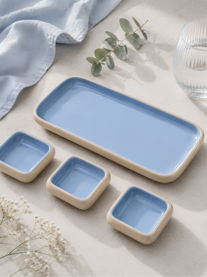 Earthen Soul Dip &amp; Serve Set | Rectangle Platter with 3 Square Dip Bowls | Earth Porcelain