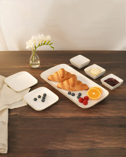 Pristine Collection Rectangle Charm with Dip Bowls – 6 Pc Porcelain Serving Set | Gold Rim