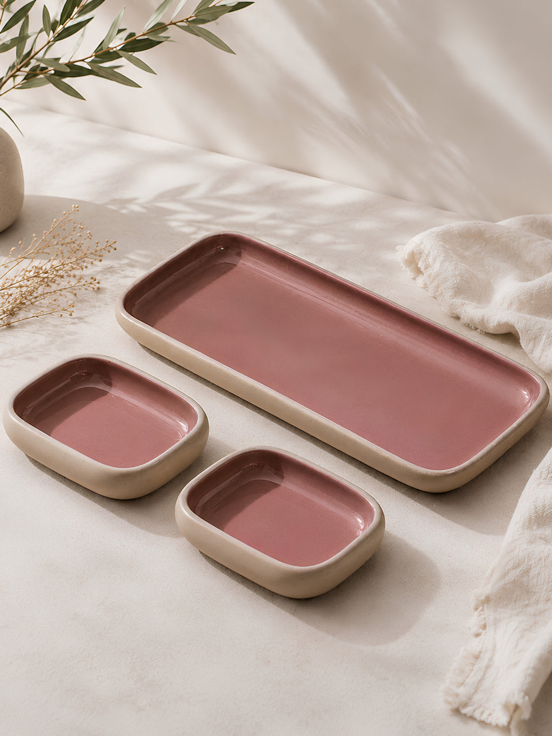 Earthen Soul Serving Trio | Rectangle Platter with 2 Rectangle Bowls | Earth Porcelain