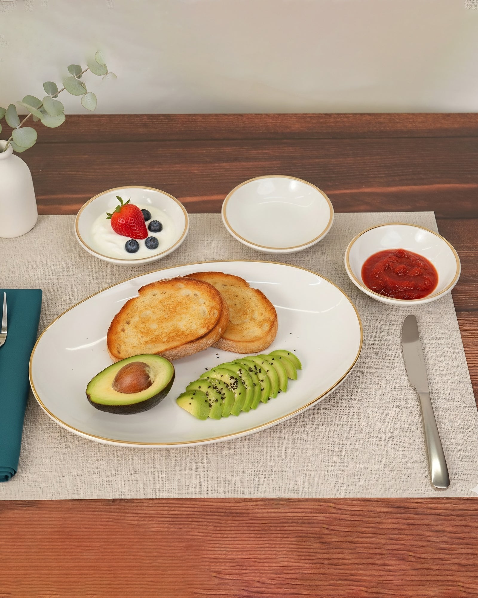 Pristine Collection Trio Bowls with Oval Platter – Set of 4 | Porcelain with Gold Rim