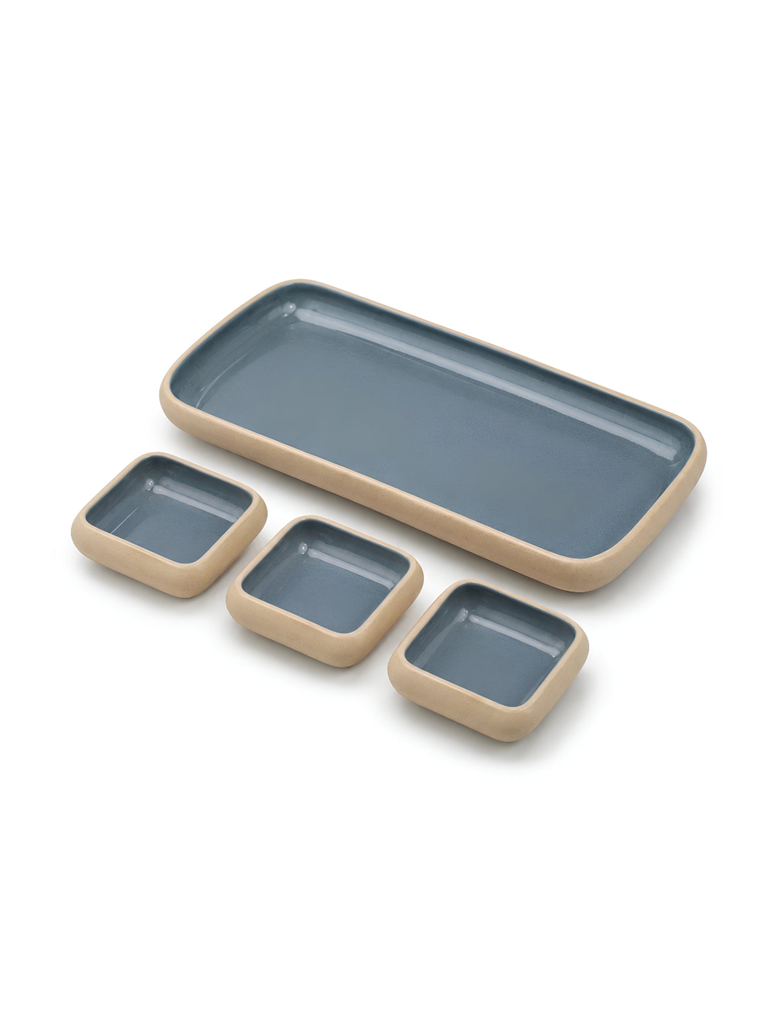 Earthen Soul Dip &amp; Serve Set | Rectangle Platter with 3 Square Dip Bowls | Earth Porcelain