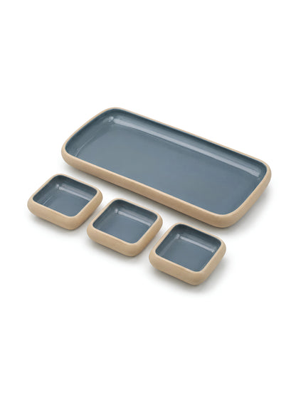 Earthen Soul Dip &amp; Serve Set | Rectangle Platter with 3 Square Dip Bowls | Earth Porcelain