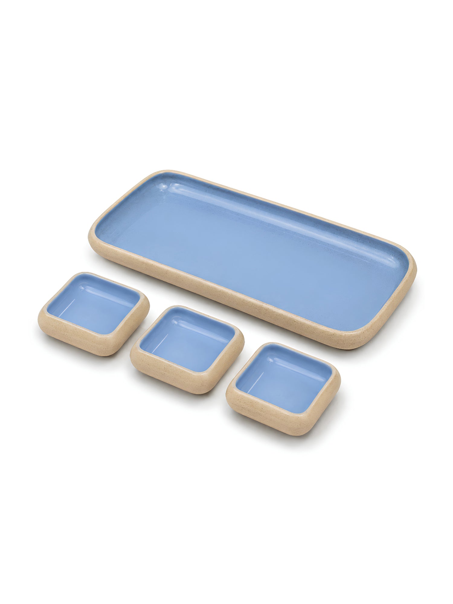 Earthen Soul Dip &amp; Serve Set | Rectangle Platter with 3 Square Dip Bowls | Earth Porcelain
