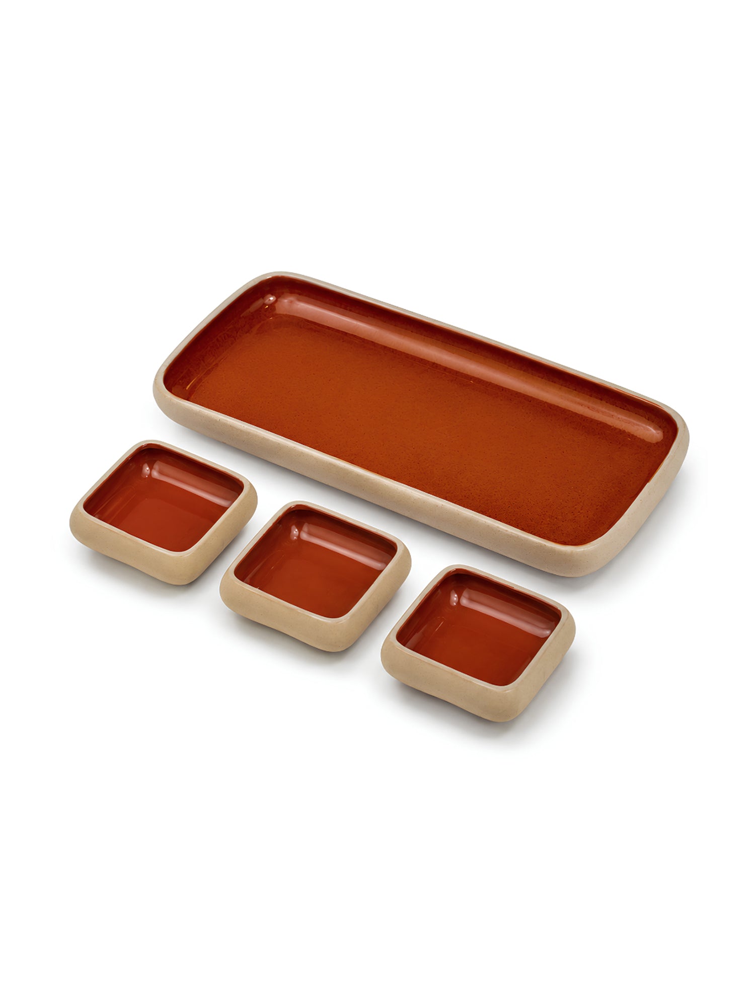Earthen Soul Dip &amp; Serve Set | Rectangle Platter with 3 Square Dip Bowls | Earth Porcelain