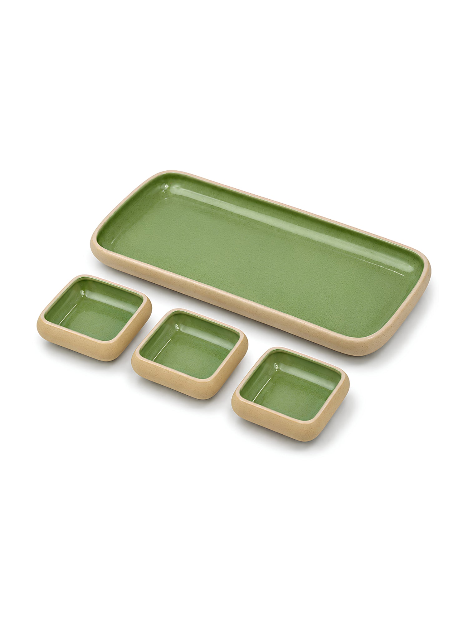 Earthen Soul Dip &amp; Serve Set | Rectangle Platter with 3 Square Dip Bowls | Earth Porcelain