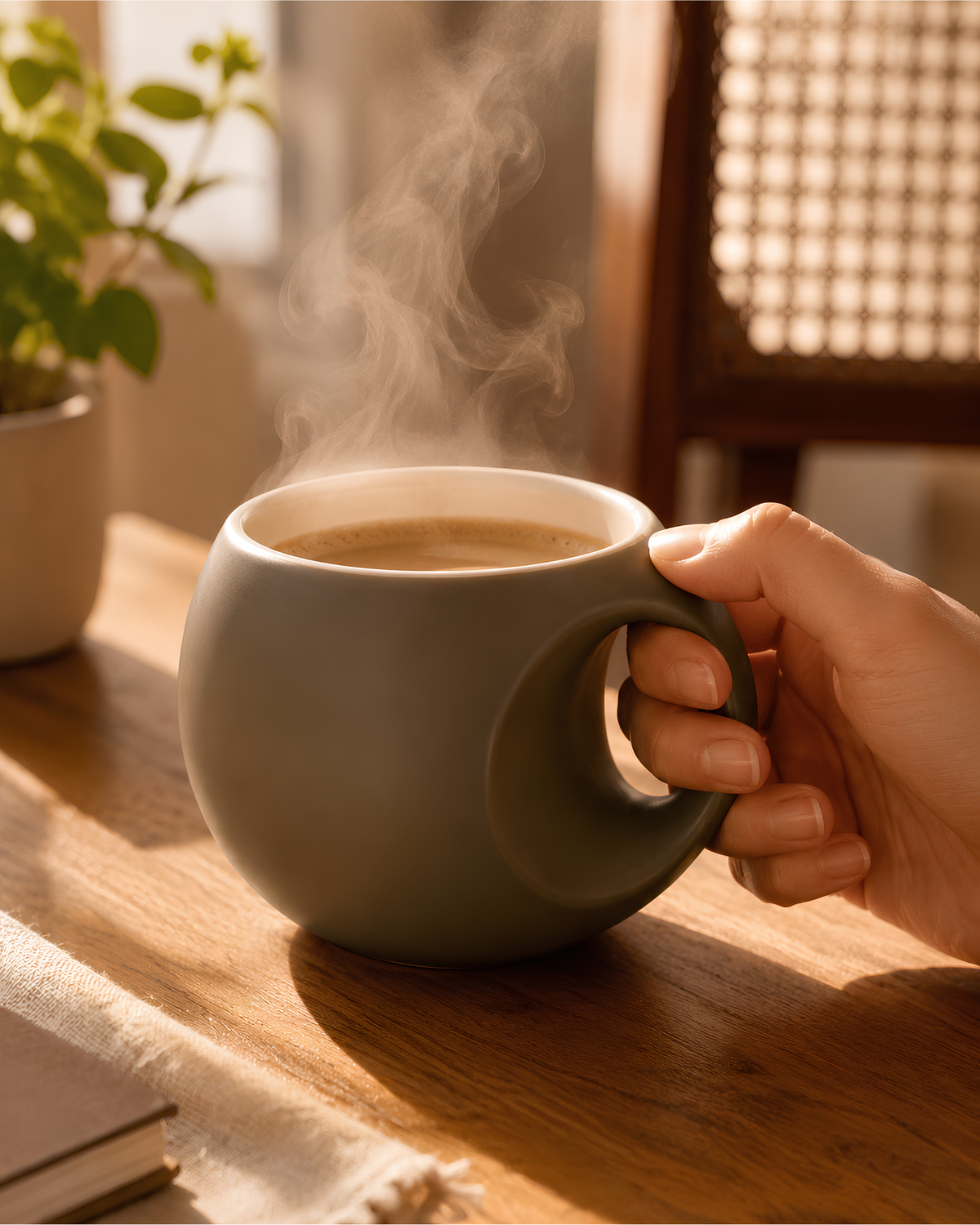 Olive Orb Mug - round fine porcelain coffee mug with comfort grip handle