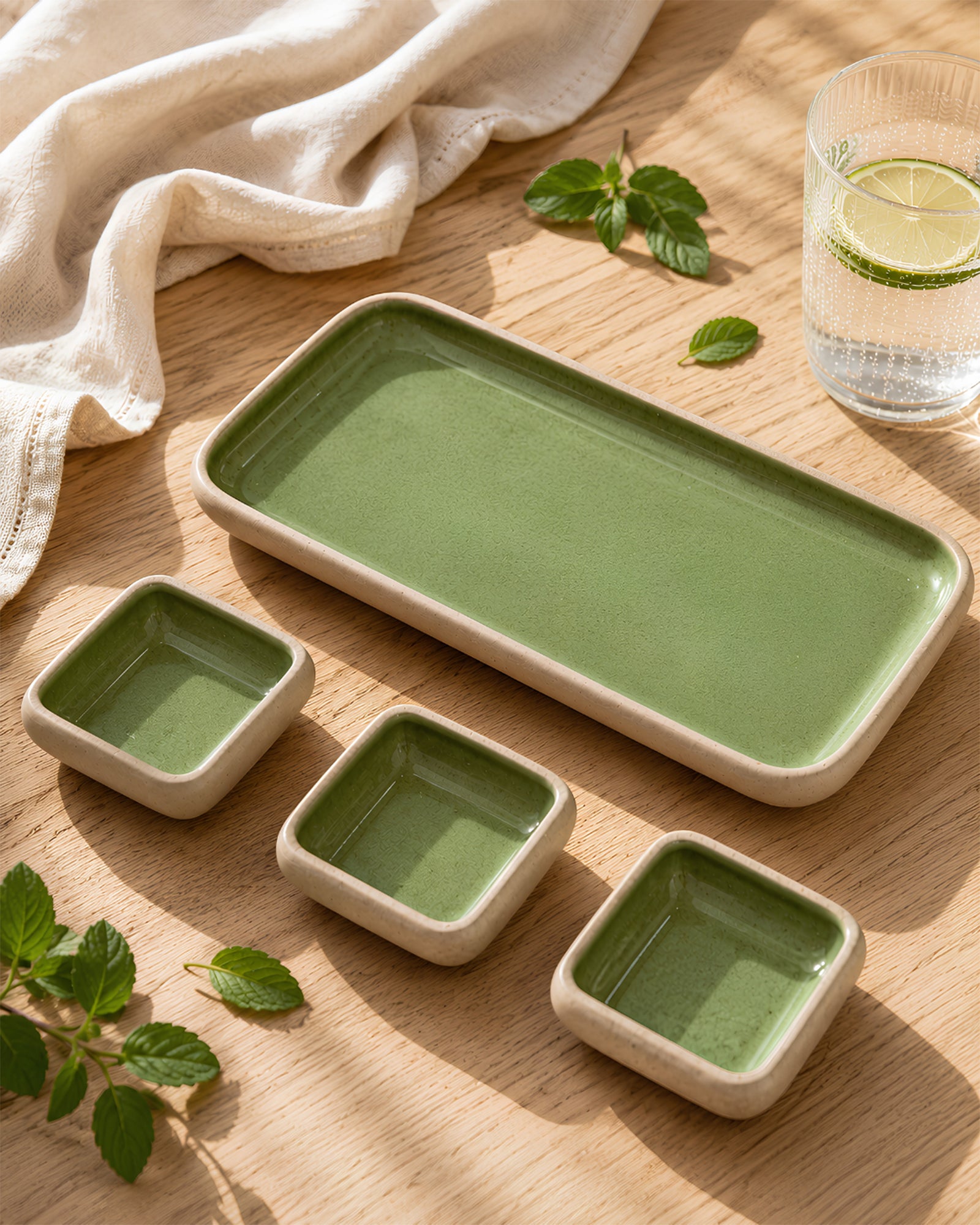 Earthen Soul Dip &amp; Serve Set | Rectangle Platter with 3 Square Dip Bowls | Earth Porcelain