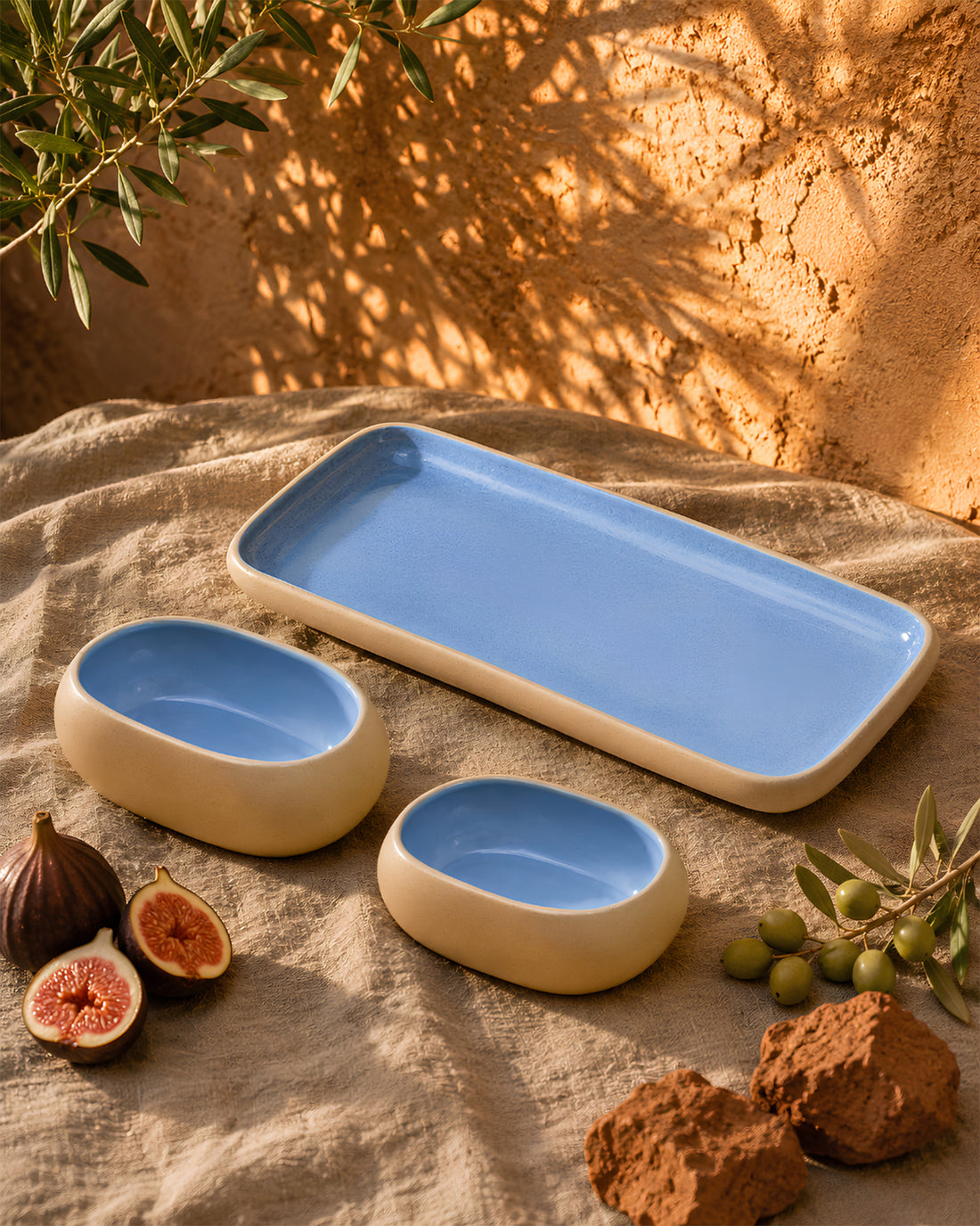 Earthen Soul Serve &amp; Share Set | Rectangle Platter with 2 Oval Bowls | Earth Porcelain