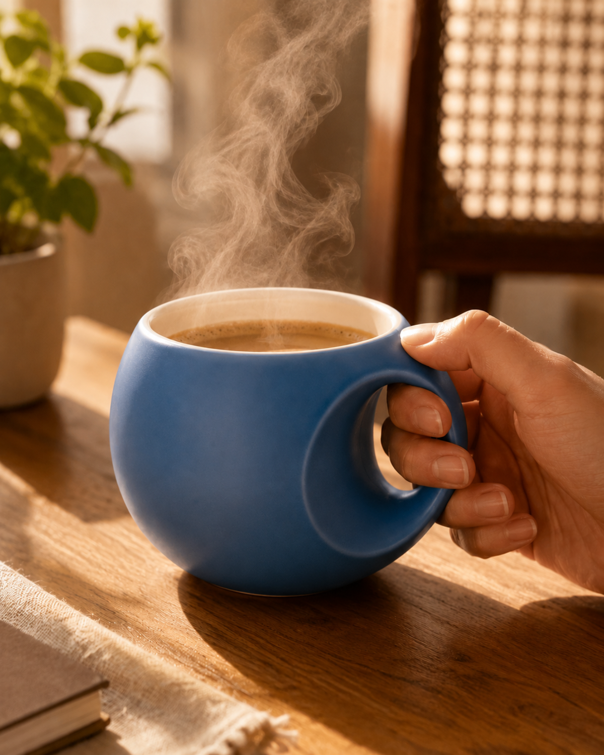 Deep Sky Blue Orb Mug - round fine porcelain coffee mug with comfort grip handle