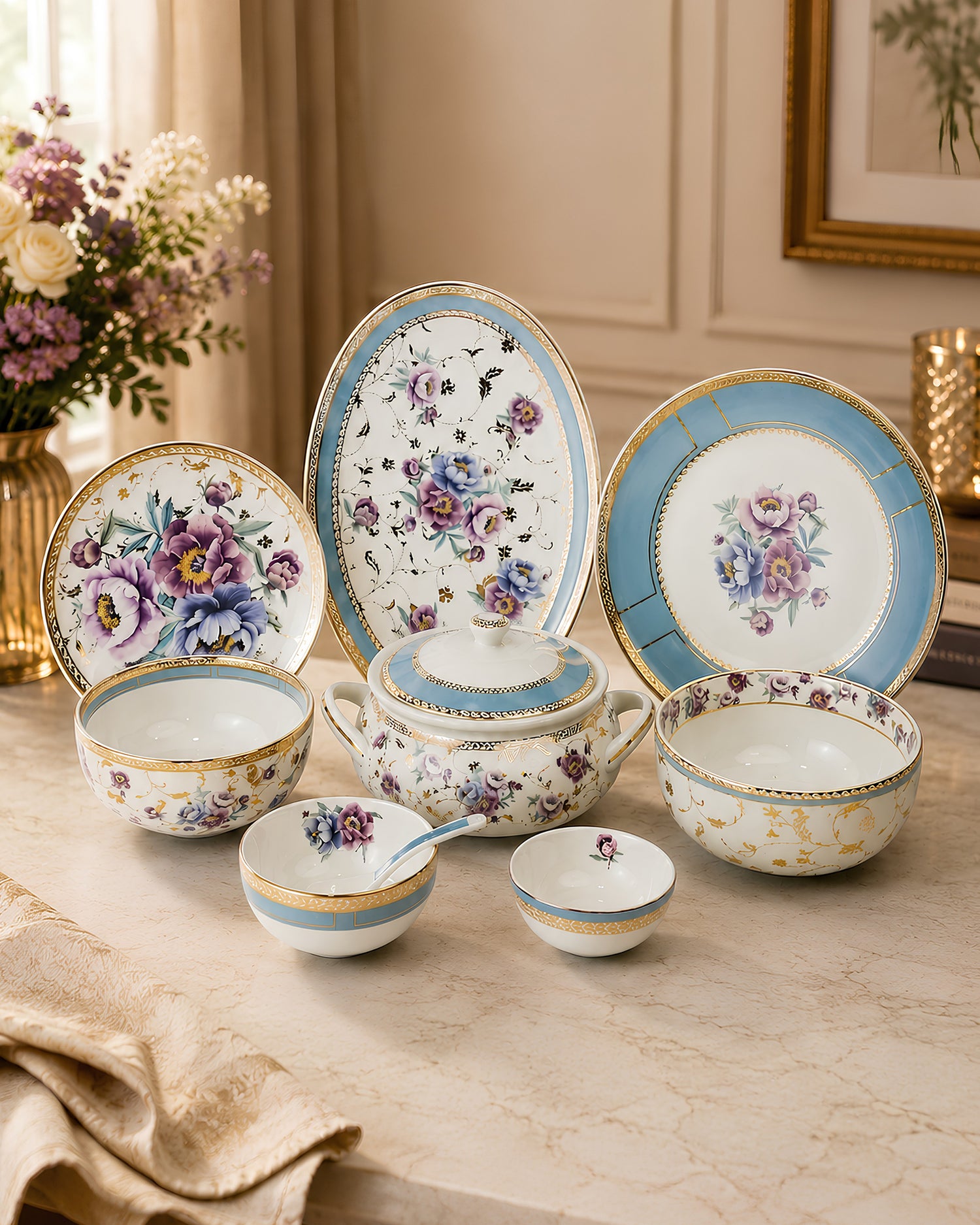 PEONY 35-Piece Fine Porcelain Dinner Set | Legacy Collection, Limited Edition | 24 Carat Gold Detailing