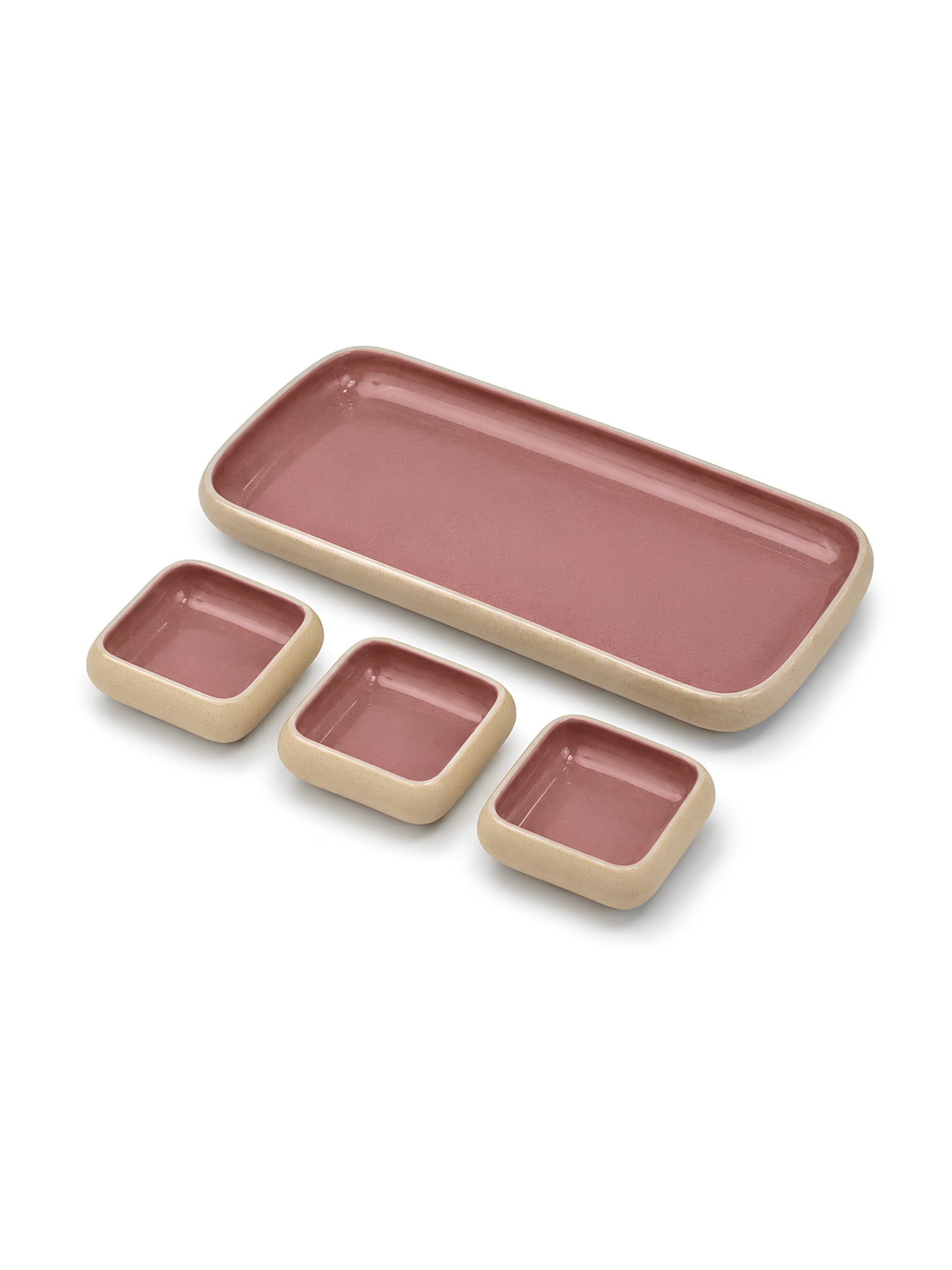 Earthen Soul Dip &amp; Serve Set | Rectangle Platter with 3 Square Dip Bowls | Earth Porcelain
