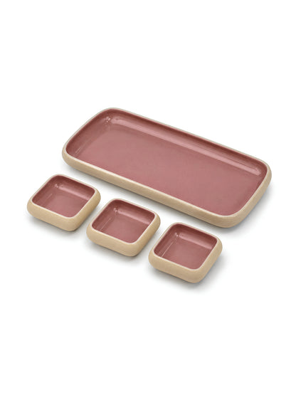 Earthen Soul Dip &amp; Serve Set | Rectangle Platter with 3 Square Dip Bowls | Earth Porcelain
