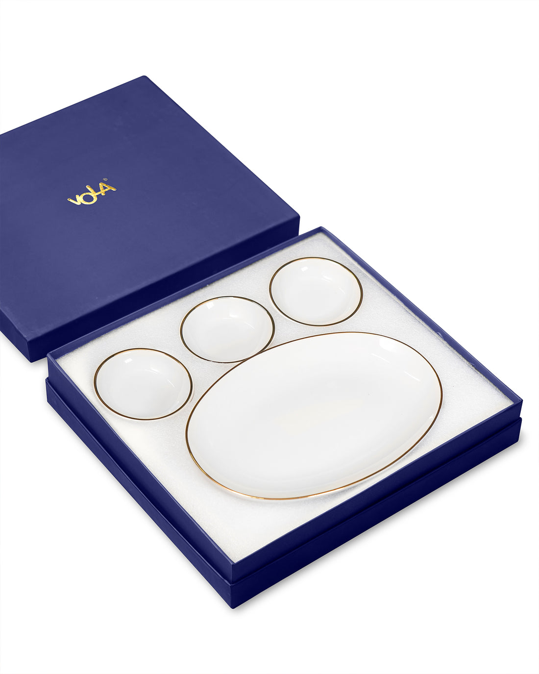 Pristine Collection Trio Bowls with Oval Platter – Set of 4 | Porcelain with Gold Rim
