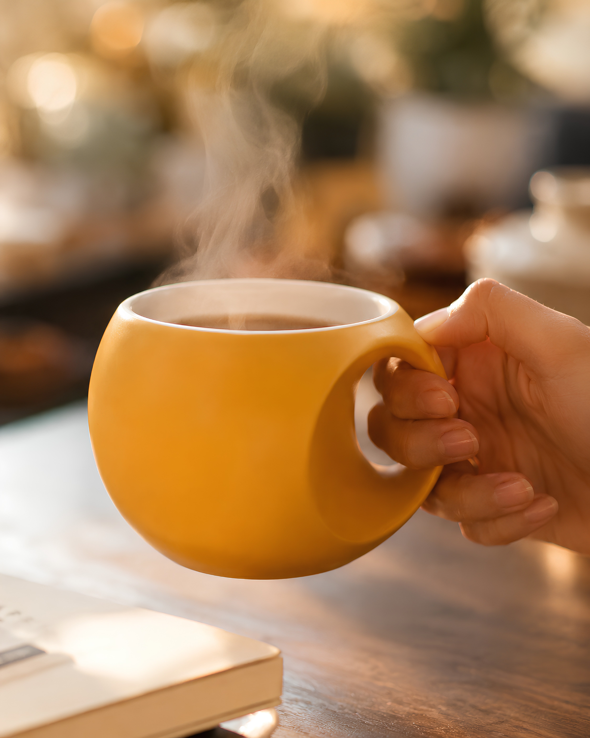 Blazing Mango Orb Mug - round fine porcelain coffee mug with comfort grip handle