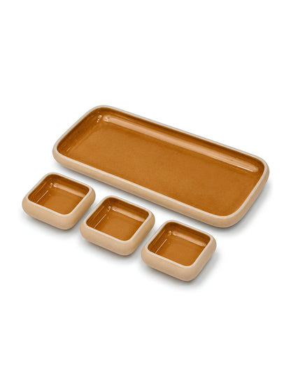 Earthen Soul Dip &amp; Serve Set | Rectangle Platter with 3 Square Dip Bowls | Earth Porcelain