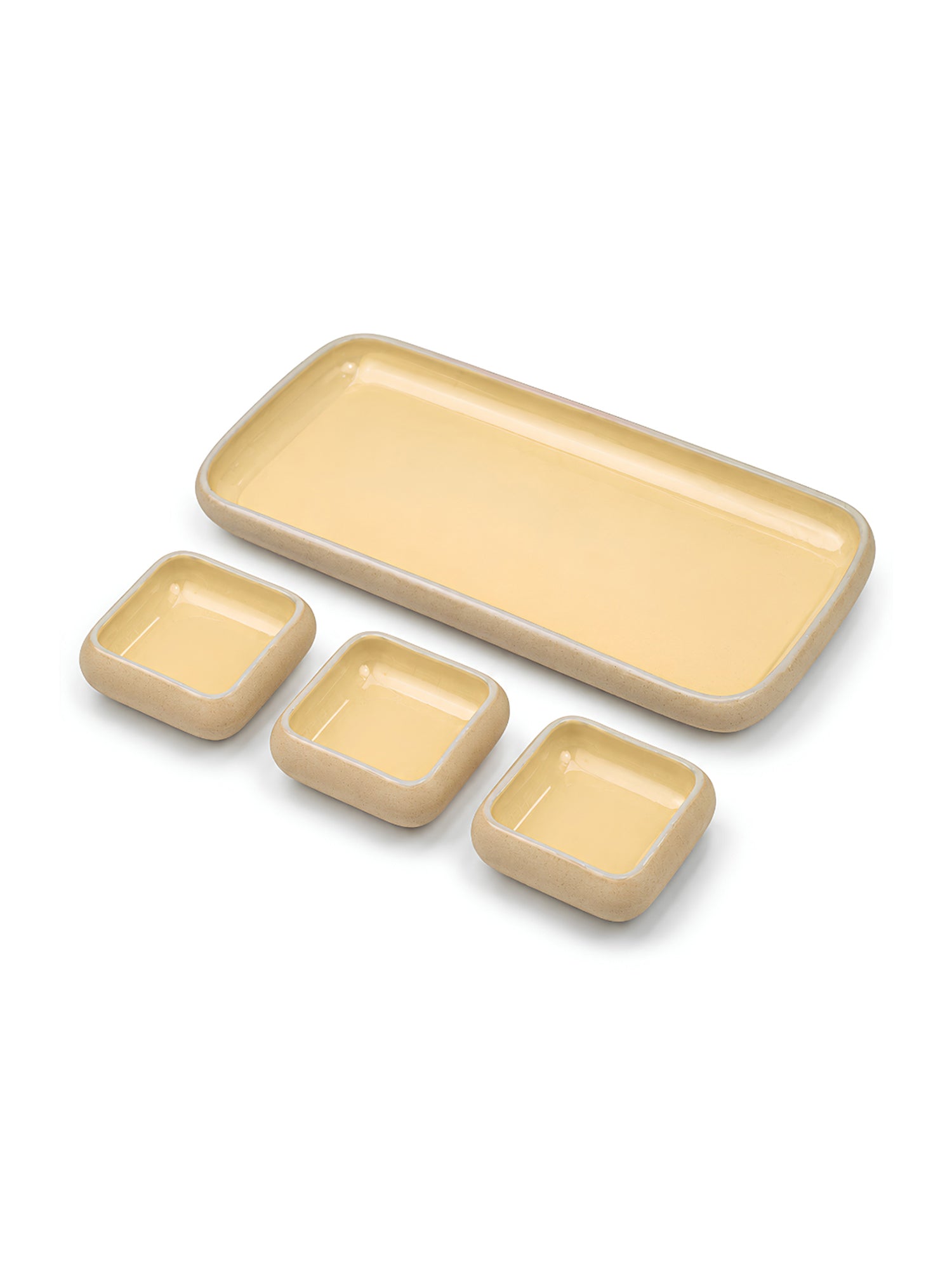 Earthen Soul Dip &amp; Serve Set | Rectangle Platter with 3 Square Dip Bowls | Earth Porcelain