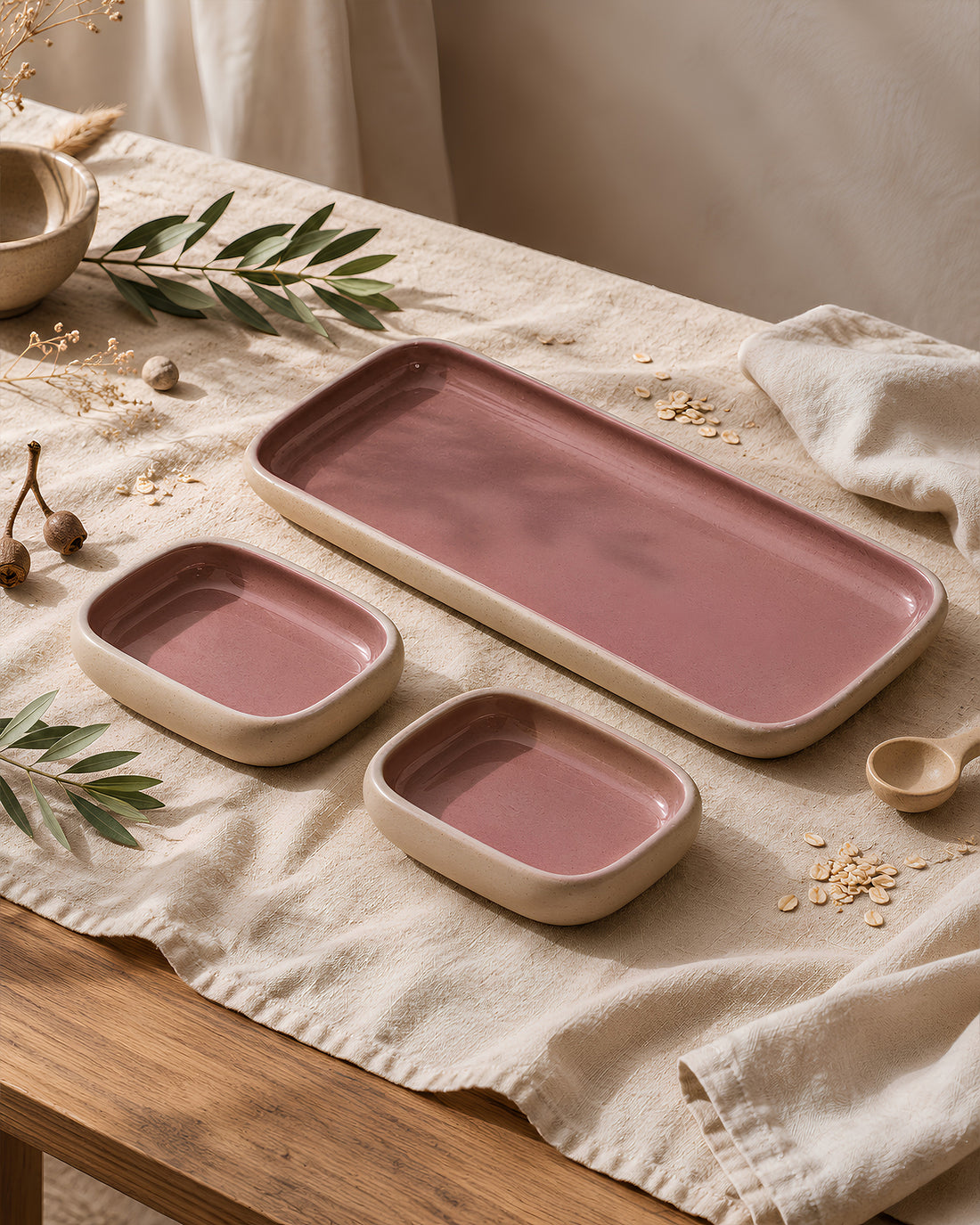 Earthen Soul Serving Trio | Rectangle Platter with 2 Rectangle Bowls | Earth Porcelain