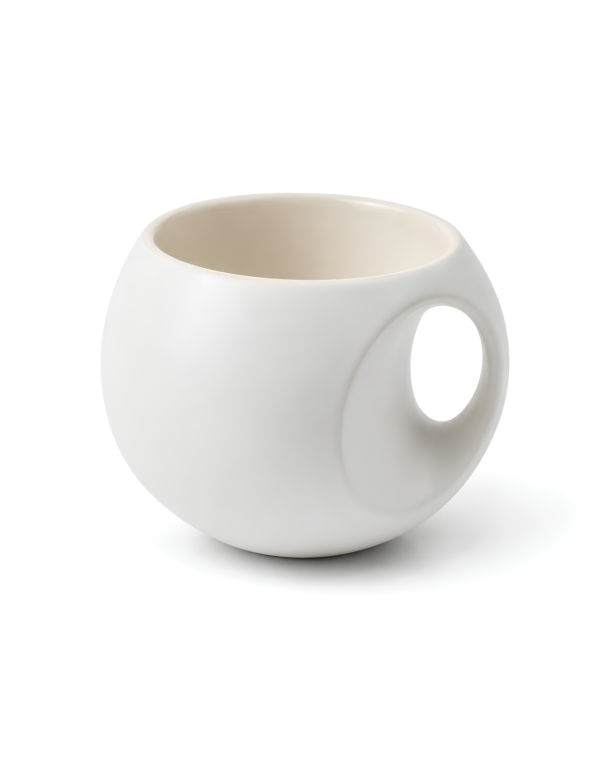 White Orb Mug - round fine porcelain coffee mug with comfort grip handle