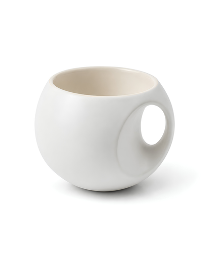 White Orb Mug - round fine porcelain coffee mug with comfort grip handle