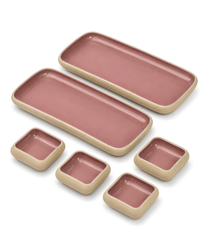 Earthen Soul Long Tray Set | 2 Rectangle Platters with 4 Square Dip Bowls | Earth Porcelain