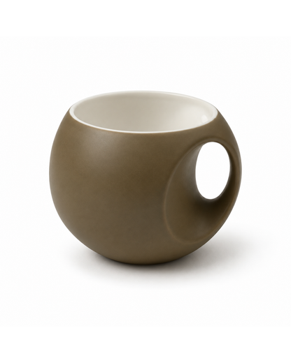 Olive Orb Mug - round fine porcelain coffee mug with comfort grip handle