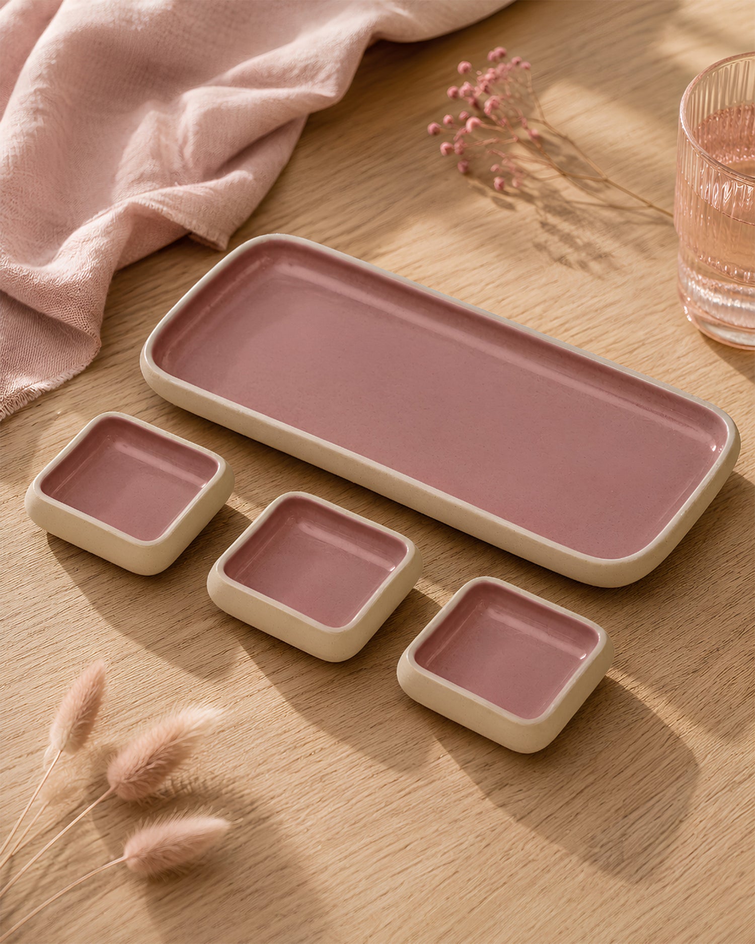 Earthen Soul Dip &amp; Serve Set | Rectangle Platter with 3 Square Dip Bowls | Earth Porcelain