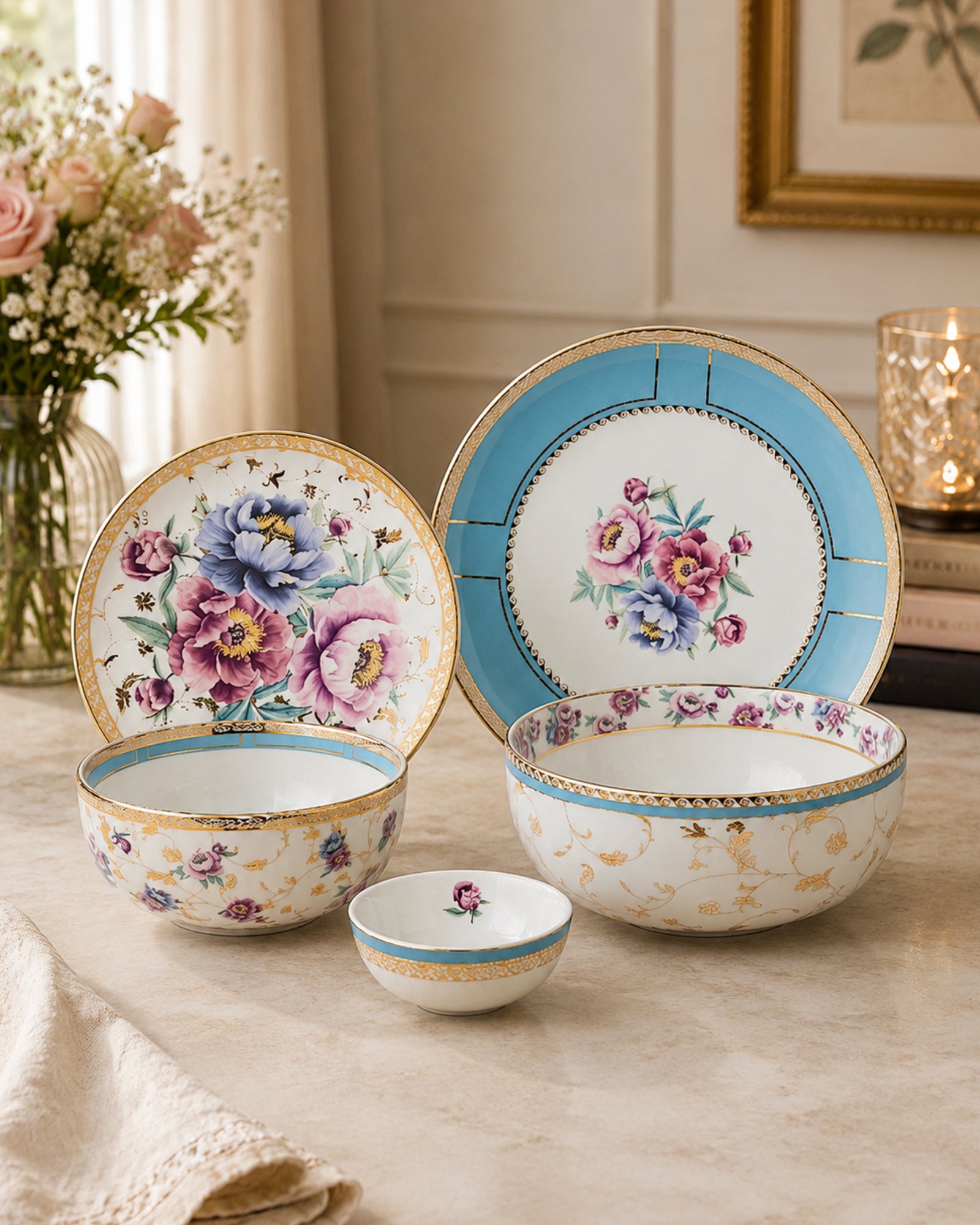 Peony Set of 20 Porcelain Dinner Set | 24K Gold Legacy Edition