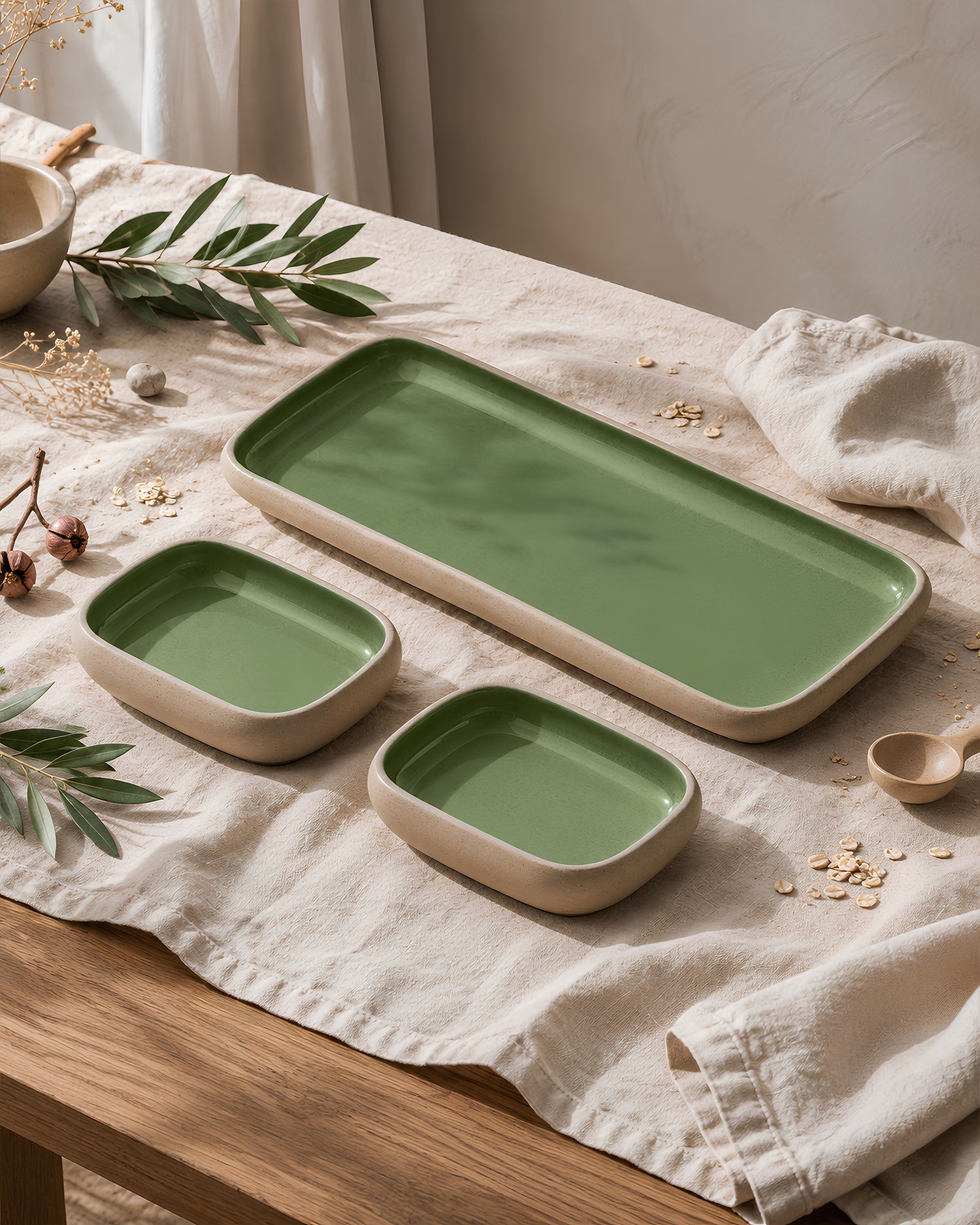 Earthen Soul Serving Trio | Rectangle Platter with 2 Rectangle Bowls | Earth Porcelain