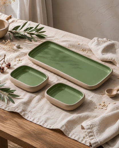 Earthen Soul Serving Trio | Rectangle Platter with 2 Rectangle Bowls | Earth Porcelain