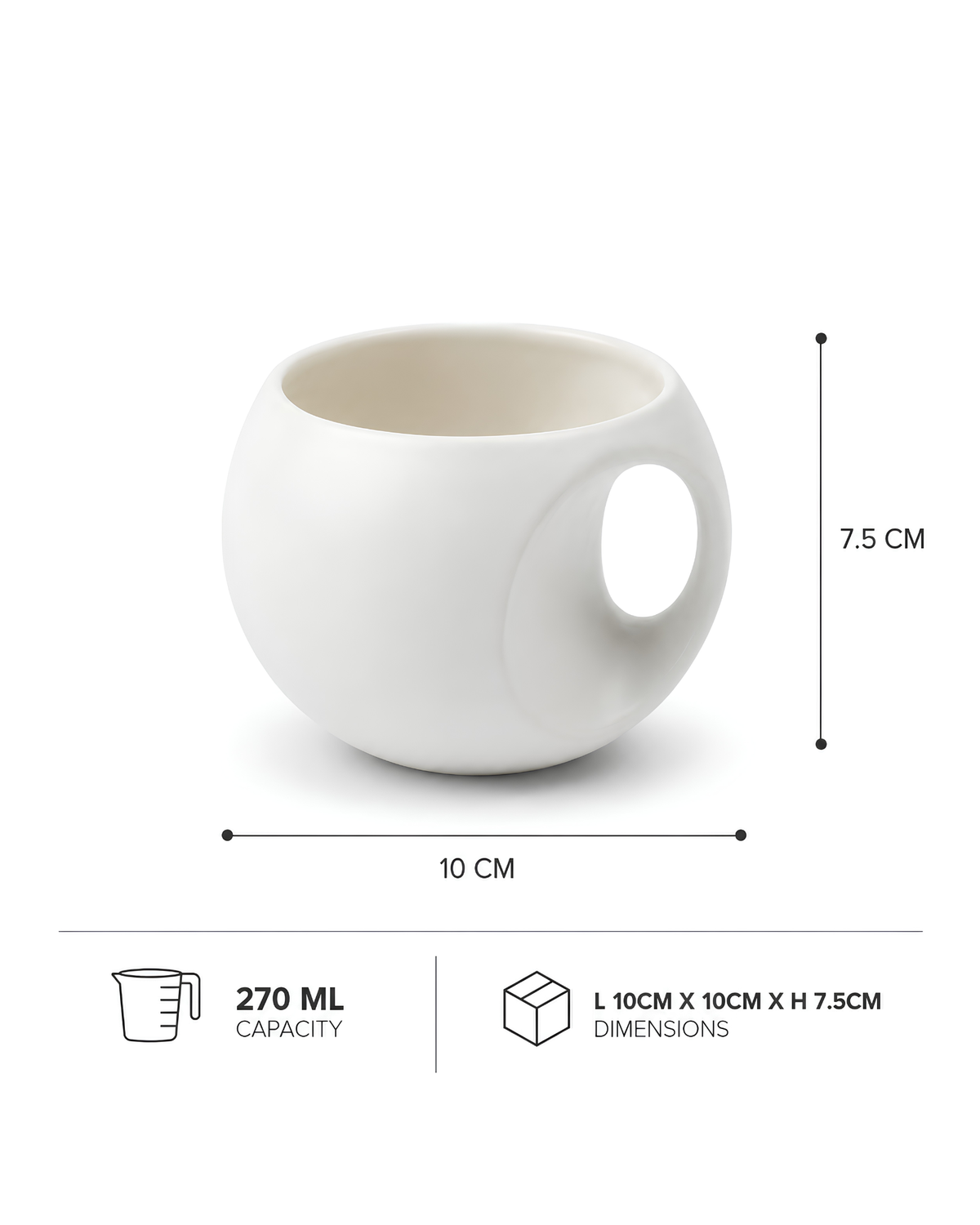 White Orb Mug - round fine porcelain coffee mug with comfort grip handle