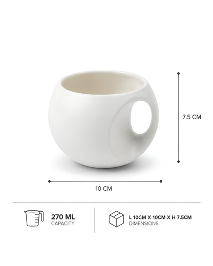 White Orb Mug - round fine porcelain coffee mug with comfort grip handle