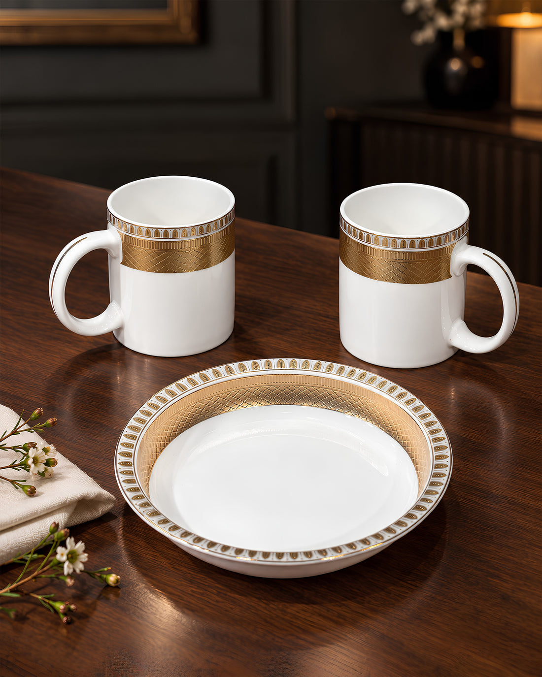 Luxe D’Or – Sip &amp; Savour Porcelain 3-Piece Set | 2 Mugs (300ml) &amp; 1 Deep Snack Plate