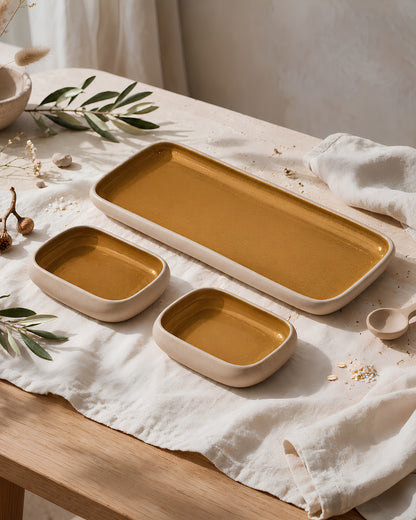 Earthen Soul Serving Trio | Rectangle Platter with 2 Rectangle Bowls | Earth Porcelain