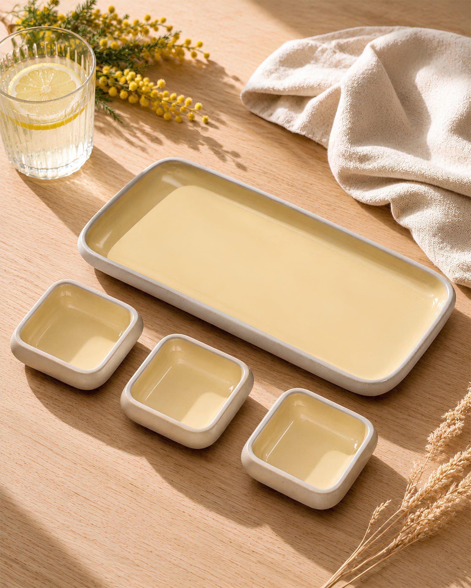 Earthen Soul Dip &amp; Serve Set | Rectangle Platter with 3 Square Dip Bowls | Earth Porcelain