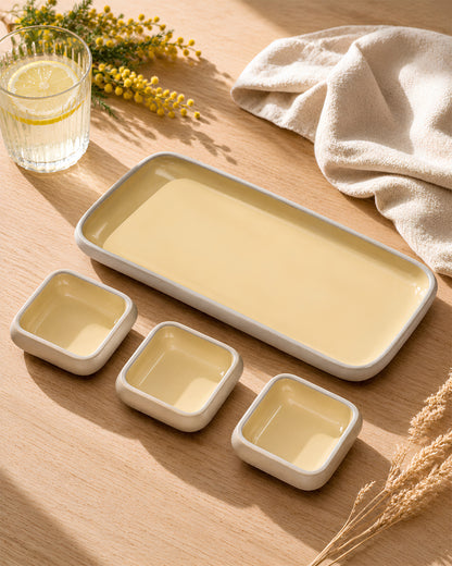 Earthen Soul Dip &amp; Serve Set | Rectangle Platter with 3 Square Dip Bowls | Earth Porcelain