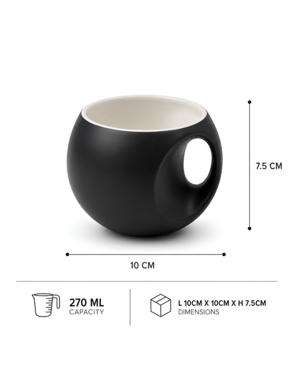 Black Orb Mug - round fine porcelain coffee mug with comfort grip handle