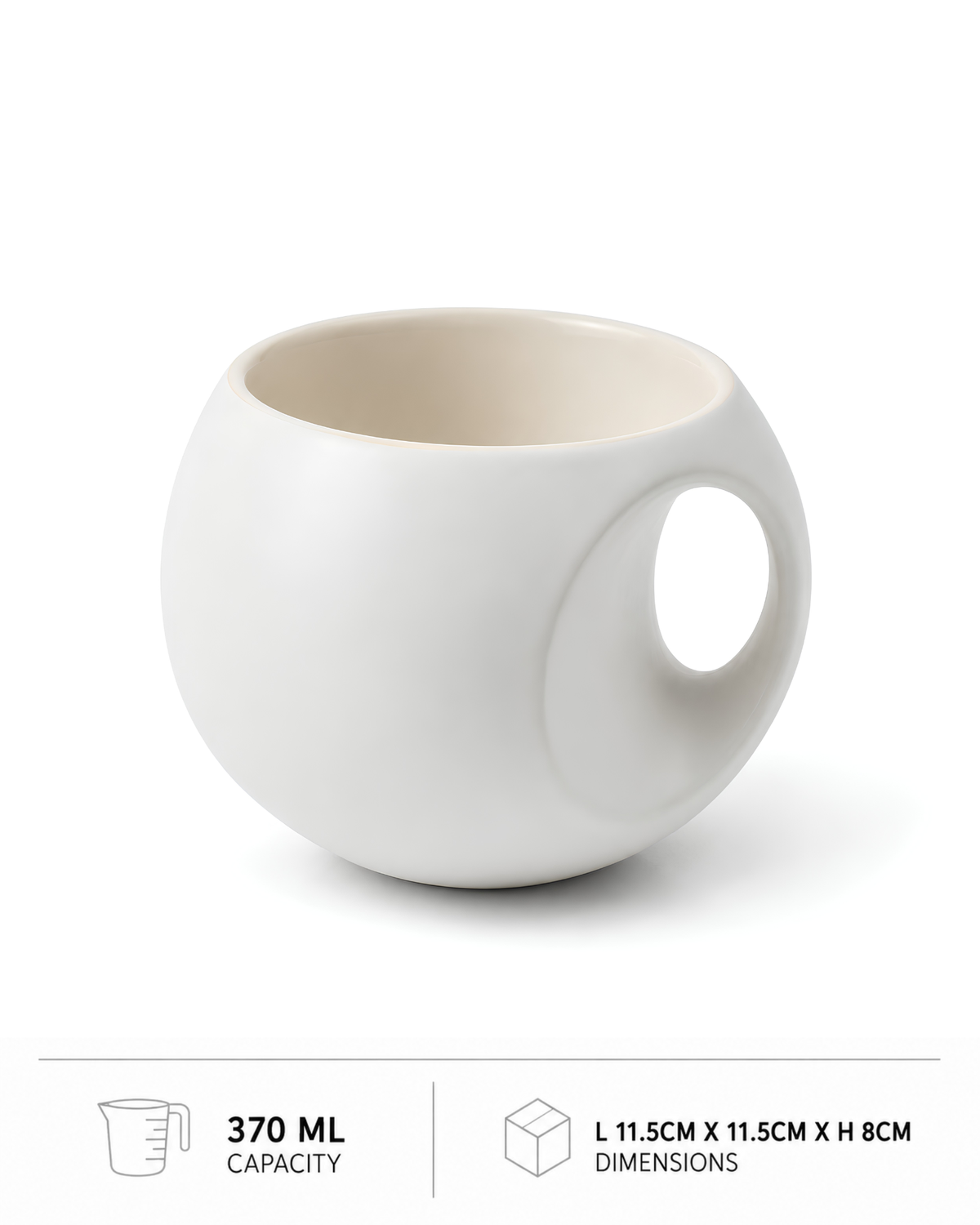 White Orb Mug - round fine porcelain coffee mug with comfort grip handle