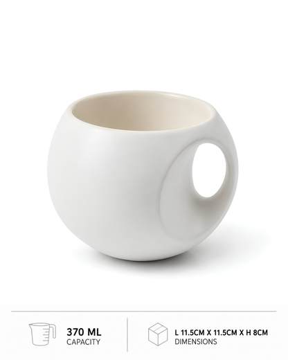 White Orb Mug - round fine porcelain coffee mug with comfort grip handle