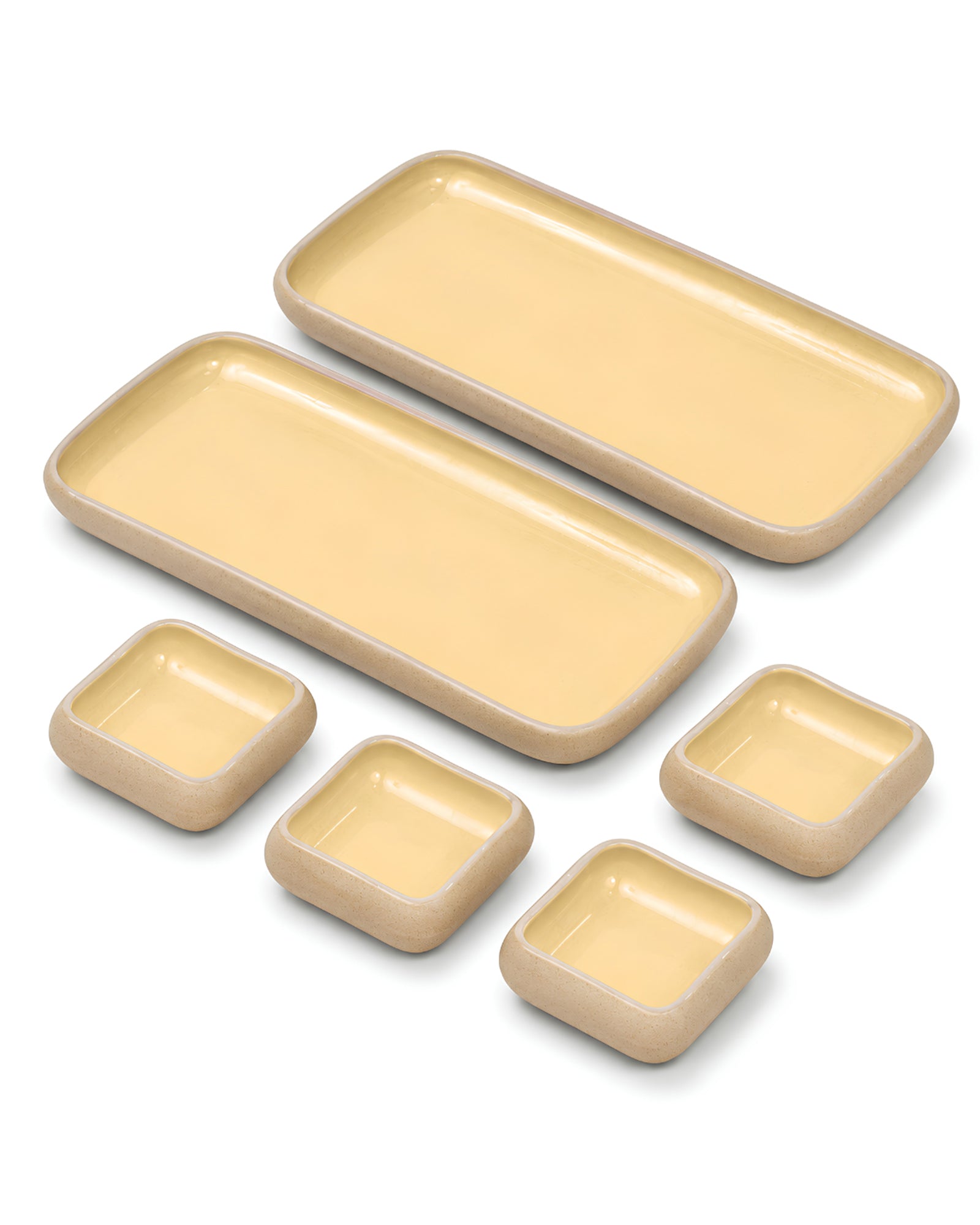 Earthen Soul Long Tray Set | 2 Rectangle Platters with 4 Square Dip Bowls | Earth Porcelain