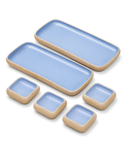 Earthen Soul Long Tray Set | 2 Rectangle Platters with 4 Square Dip Bowls | Earth Porcelain